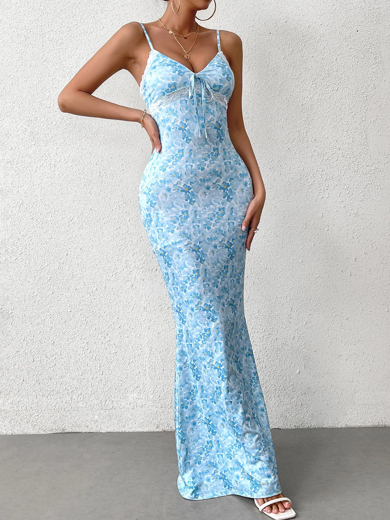 Tie Front V-Neck Lace Spliced Floral Print Mermaid Dress
