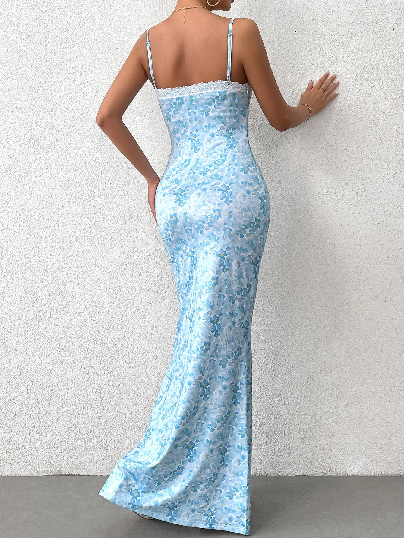 Tie Front V-Neck Lace Spliced Floral Print Mermaid Dress