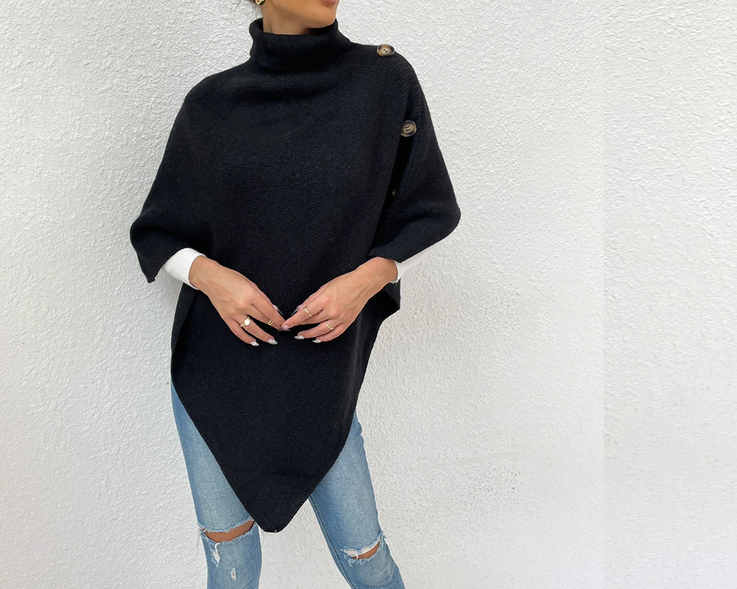 Turtleneck shawl, sweater poncho women, boho shawl, pullover sweater, cape top, high neck sweaters cape(P1085)