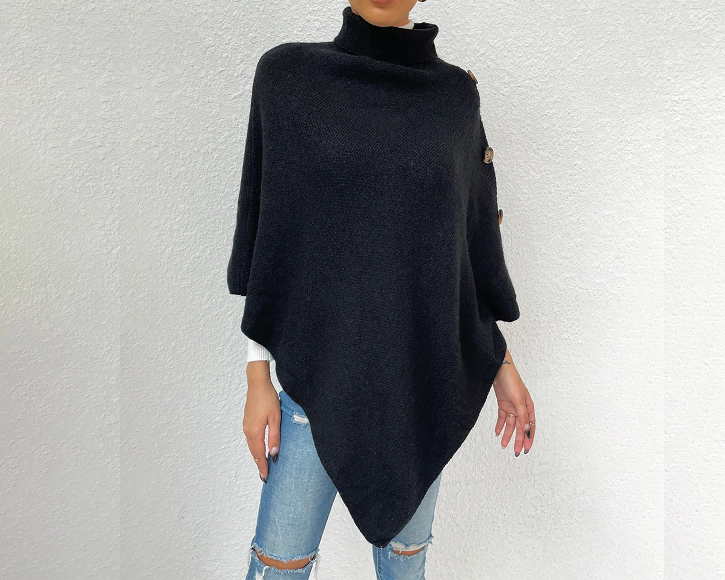 Turtleneck shawl, sweater poncho women, boho shawl, pullover sweater, cape top, high neck sweaters cape(P1085)