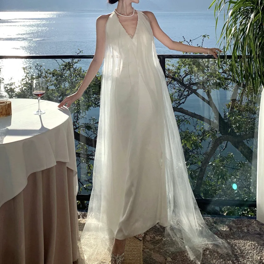 V-Neck Mesh Open-Back Long White Dress