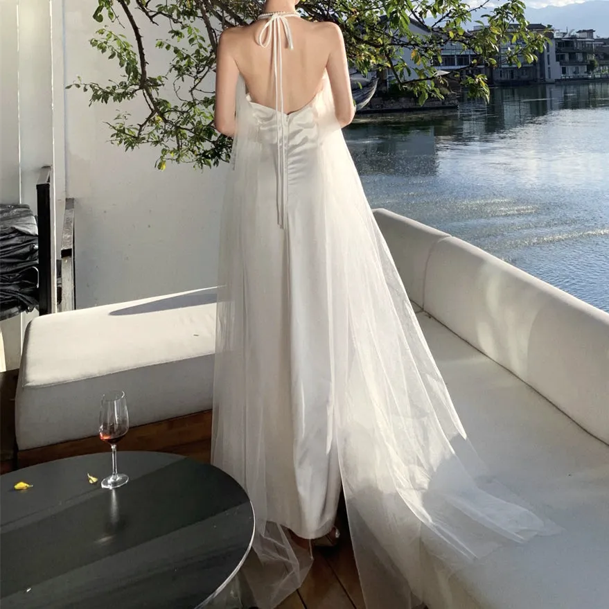 V-Neck Mesh Open-Back Long White Dress