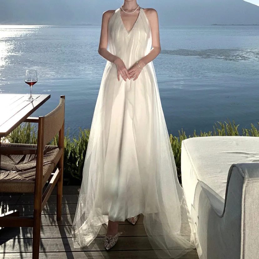 V-Neck Mesh Open-Back Long White Dress
