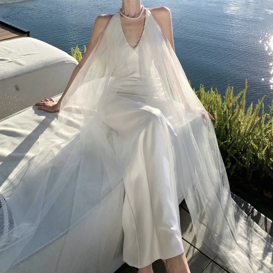 V-Neck Mesh Open-Back Long White Dress