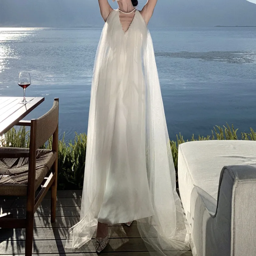 V-Neck Mesh Open-Back Long White Dress