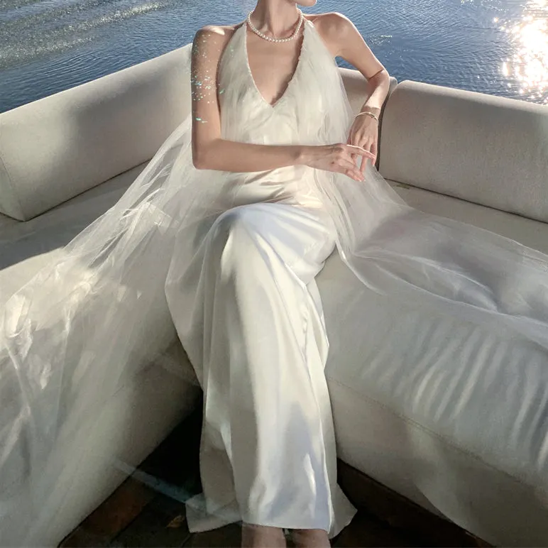 V-Neck Mesh Open-Back Long White Dress