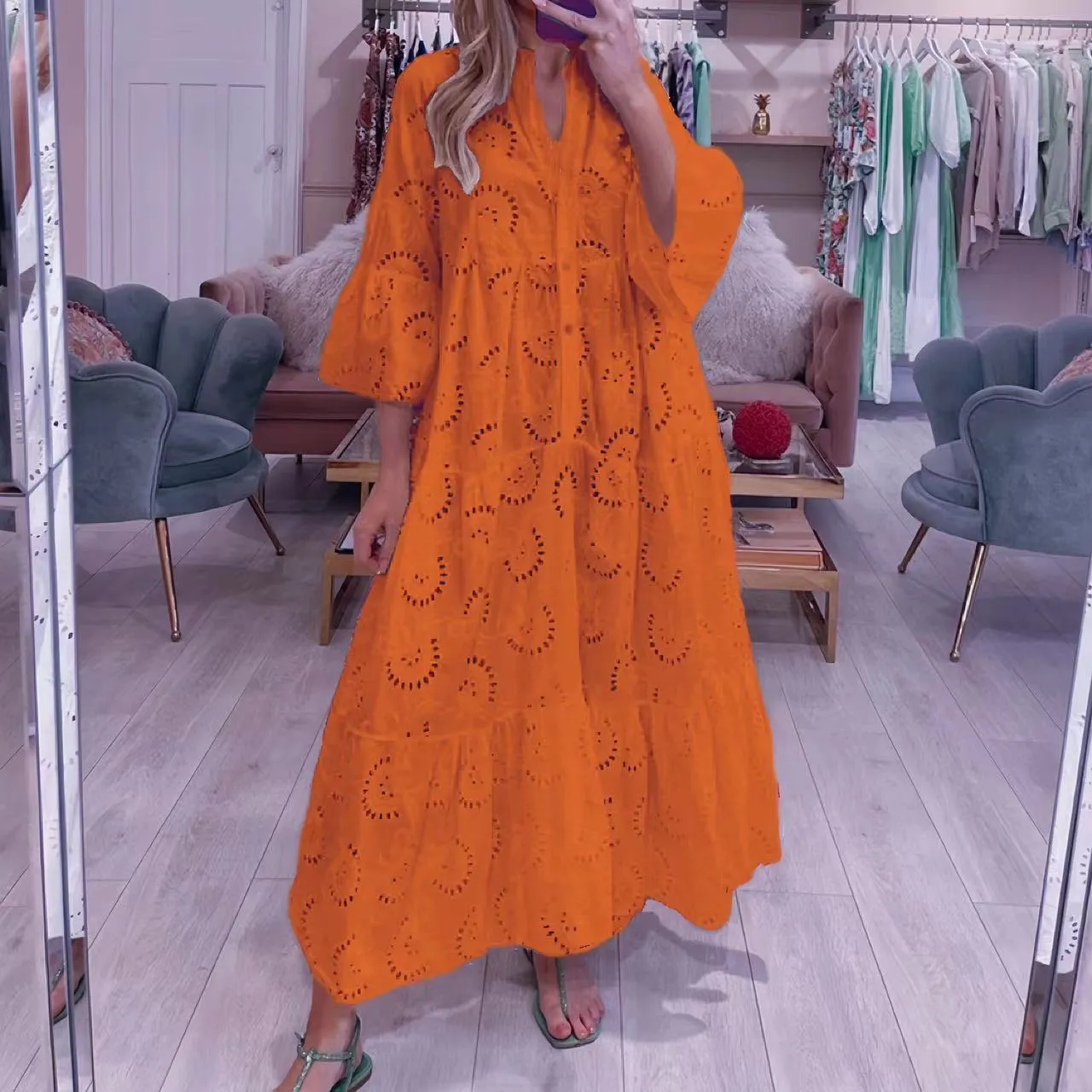 V-neck Trumpet Sleeve Lace Hollow Dress