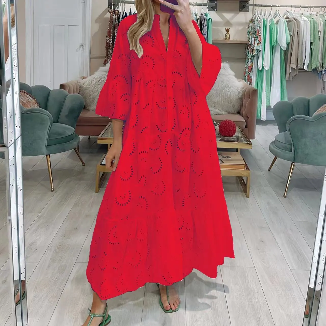 V-neck Trumpet Sleeve Lace Hollow Dress