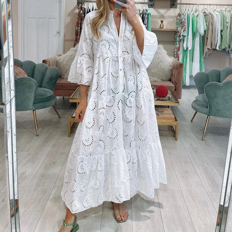 V-neck Trumpet Sleeve Lace Hollow Dress