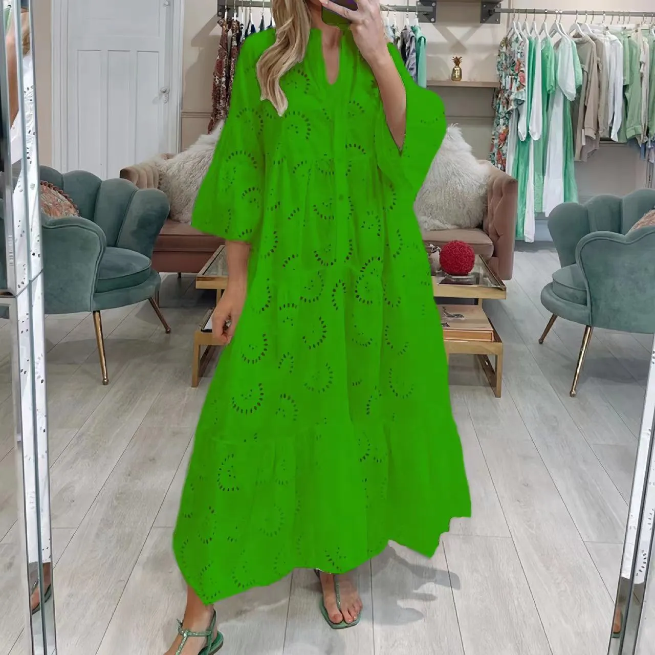 V-neck Trumpet Sleeve Lace Hollow Dress