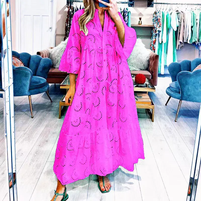 V-neck Trumpet Sleeve Lace Hollow Dress