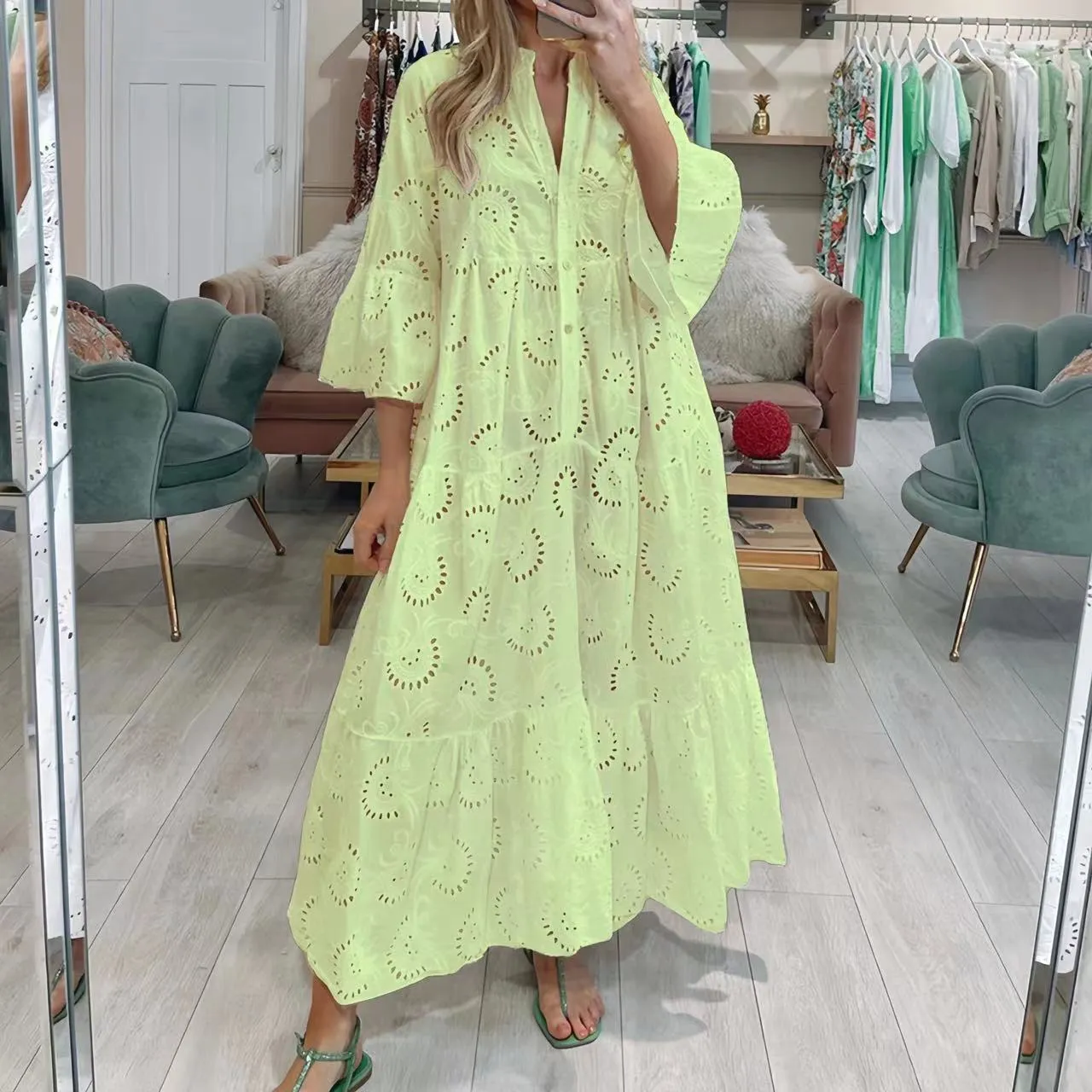 V-neck Trumpet Sleeve Lace Hollow Dress