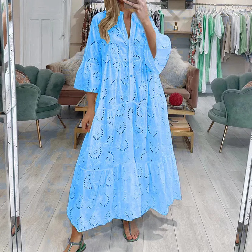 V-neck Trumpet Sleeve Lace Hollow Dress
