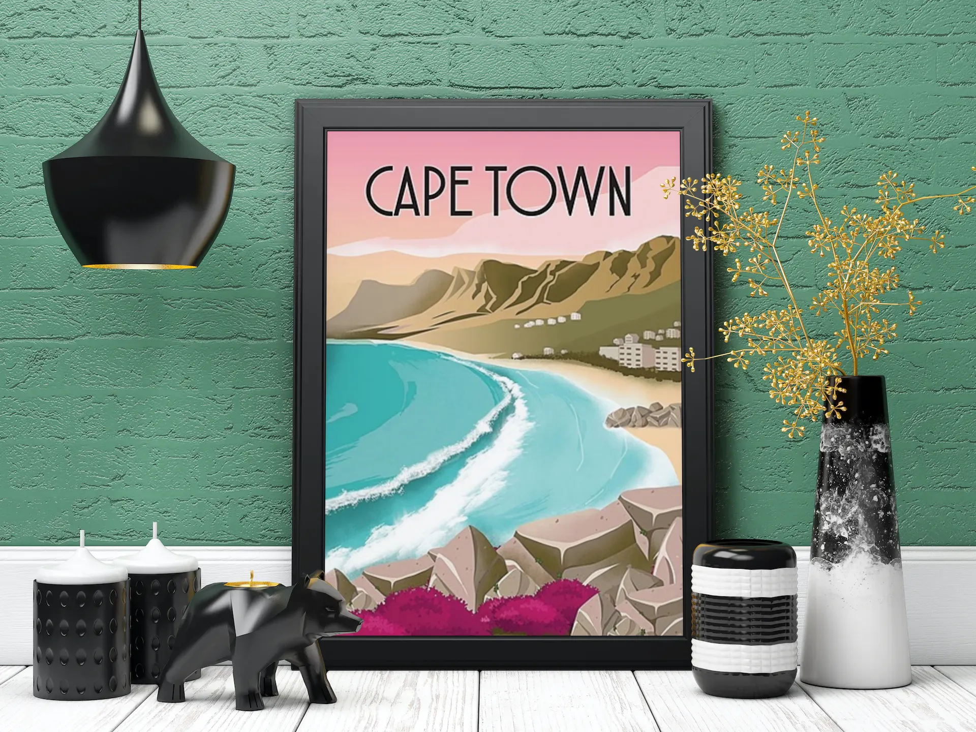 Vintage Cape Town Beach Poster (Framed Art Print)